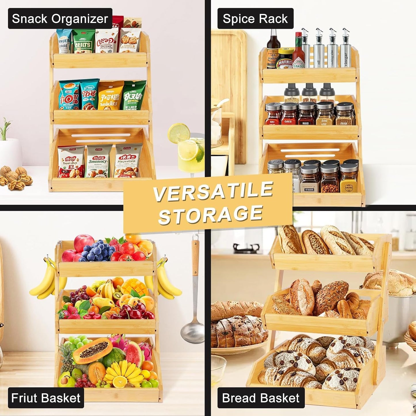 Natural Bamboo Fruit Basket 3 Tier for Kitchen Countertop Counter Top