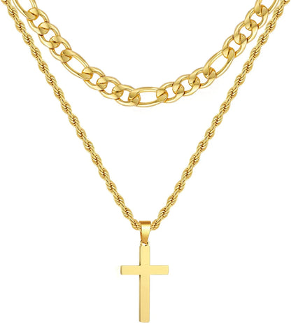 Layered Gold Cross Necklaces for Men Boys Stainless Steel Figaro Twist Rope Pendant Chain Set Religious Christian Birthday First Communion Graduation Fathers Day Jewelry Gifts Teen Dad Him Kids