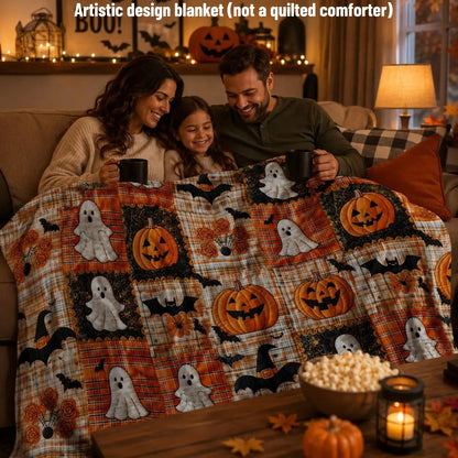 Countdown Sale Halloween Pumpkin Ghost Bat Plaid Patchwork Flannel Blanket Kids and Adults AC Blanket Soft Warm Cozy Throw Blanket Lightweight Sofa Bed Couch Bedroom Living Room Fall Autumn Home Decor Gift Viral Halloween Blanket