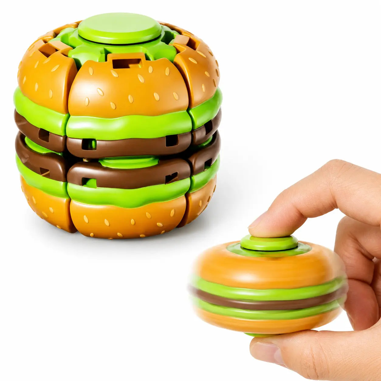Hotfree Hamburger Transformable Fidget Ball Toy with Press & Spin Function, Handheld Sensory Fidget Gyro Toy, Pocket Stress Relief Tool, Anxiety Calming Fidget Spinner, Focus Aid for ADHD, Desk Fidget Gadget for Adults & Teens