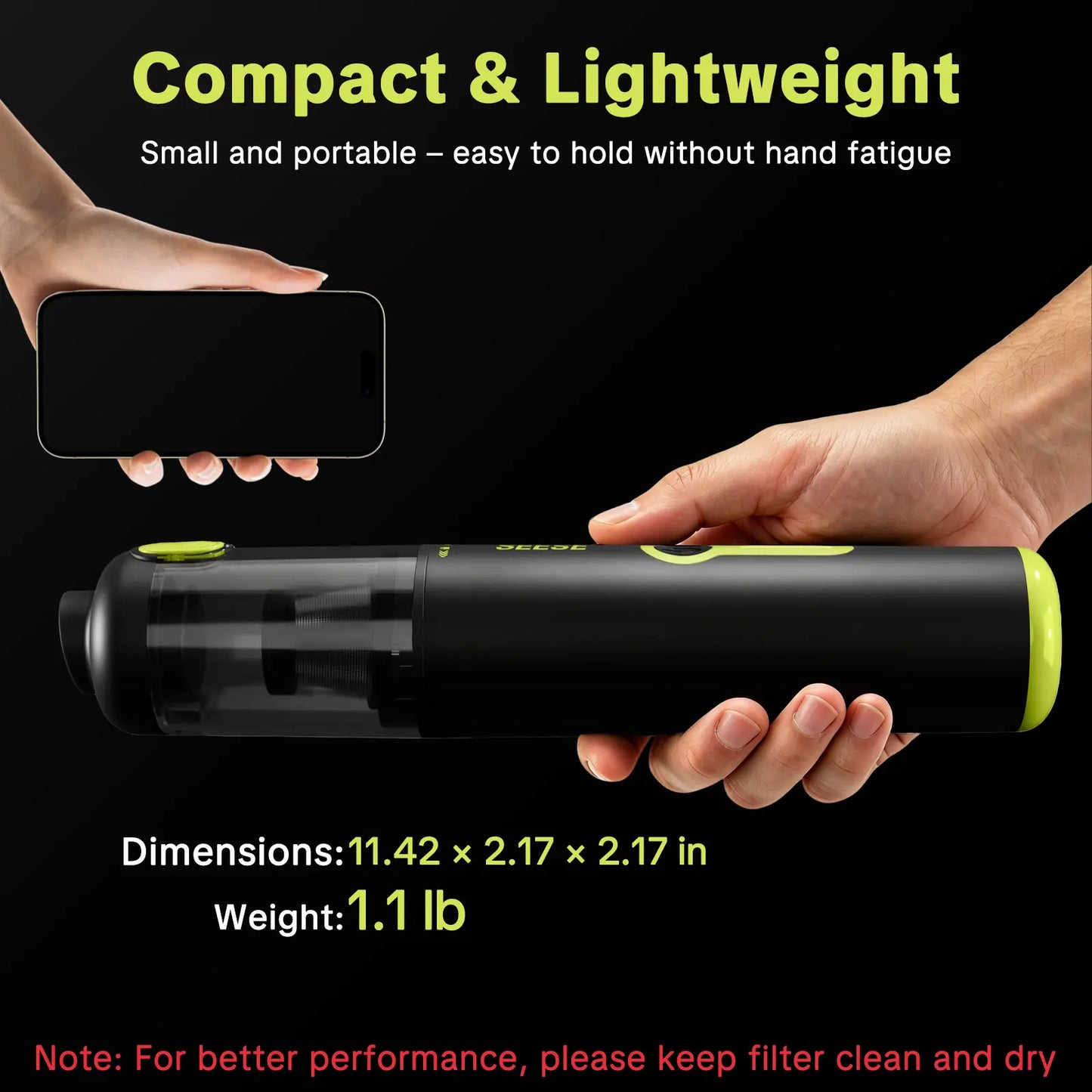 SEESE Car Vacuum Portable Cordless, 20000Pa 2 in 1 Vacuum Cleaner&Air Duster, 100W Brushless Motor Handheld Vacuum Cordless with 6000Mah Battery, Multi-Nozzles for Car, Home, Office, Pet Backtoschool