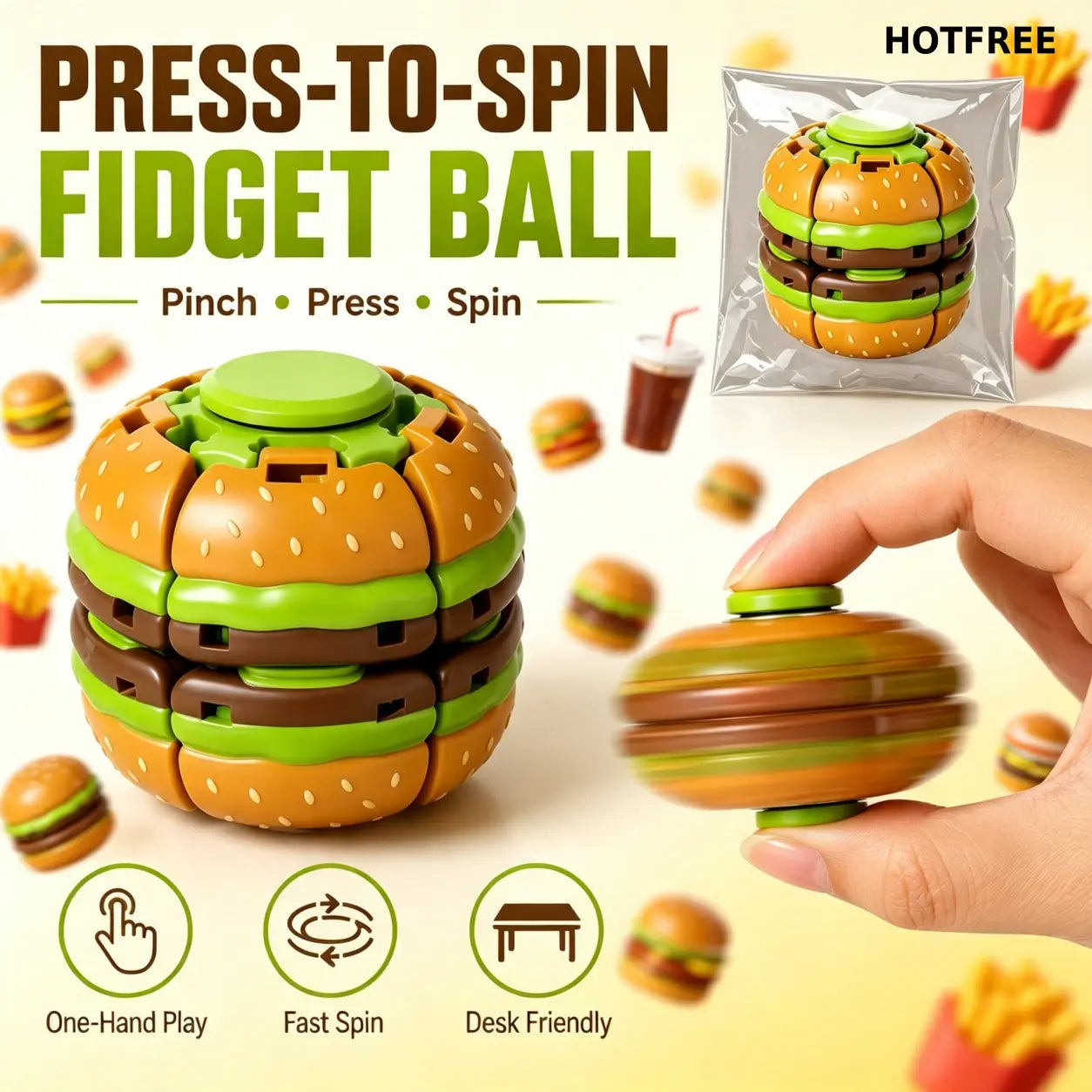 Hotfree Hamburger Transformable Fidget Ball Toy with Press & Spin Function, Handheld Sensory Fidget Gyro Toy, Pocket Stress Relief Tool, Anxiety Calming Fidget Spinner, Focus Aid for ADHD, Desk Fidget Gadget for Adults & Teens
