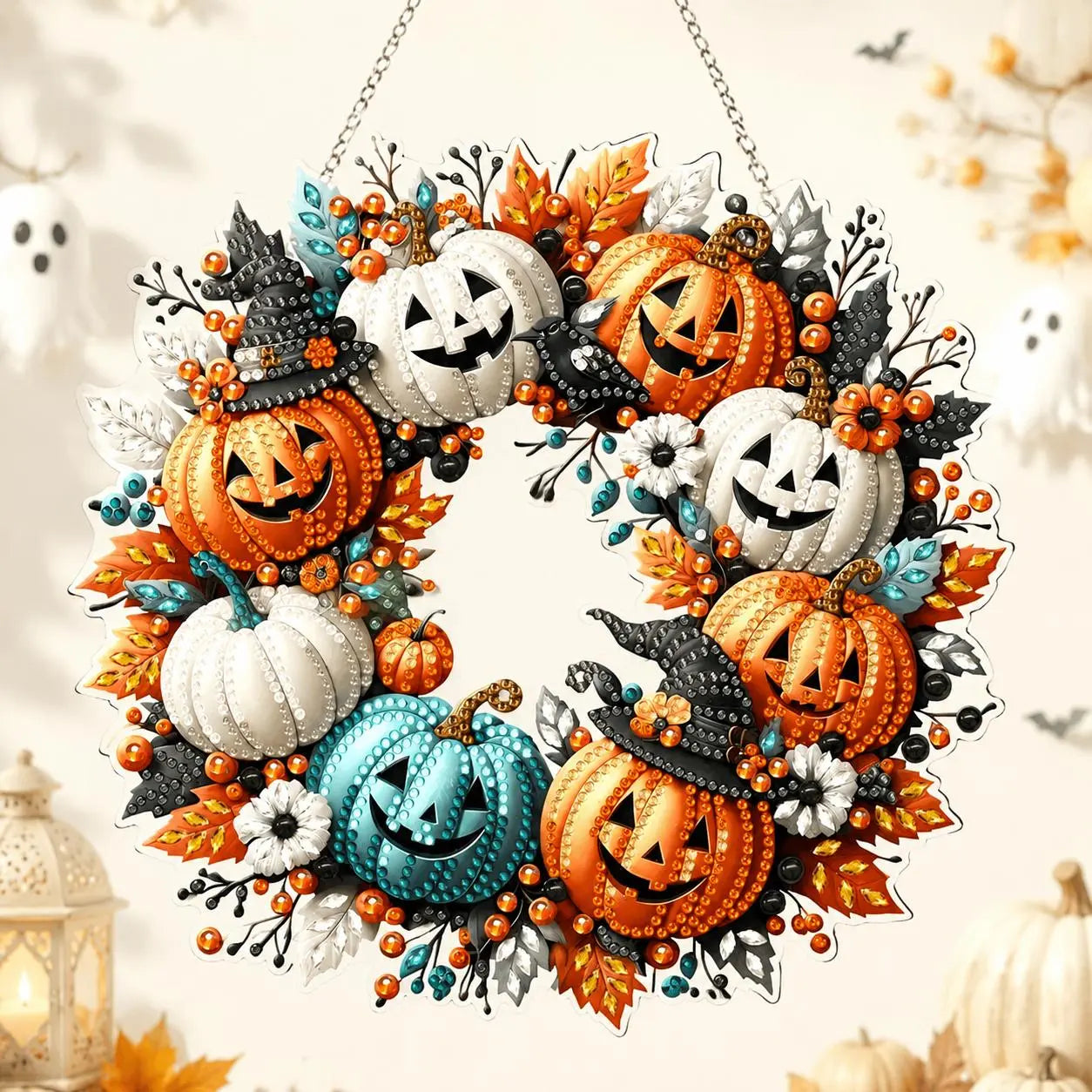 9.8In Halloween Diamond Painting Hanging Suncatcher Kit, Witch‑Black Cat‑Happy Halloween‑Ghost Reading‑Pumpkin Designs, Acrylic DIY Rhinestone Art Ornament, Home Decor Gift for Kids Adults