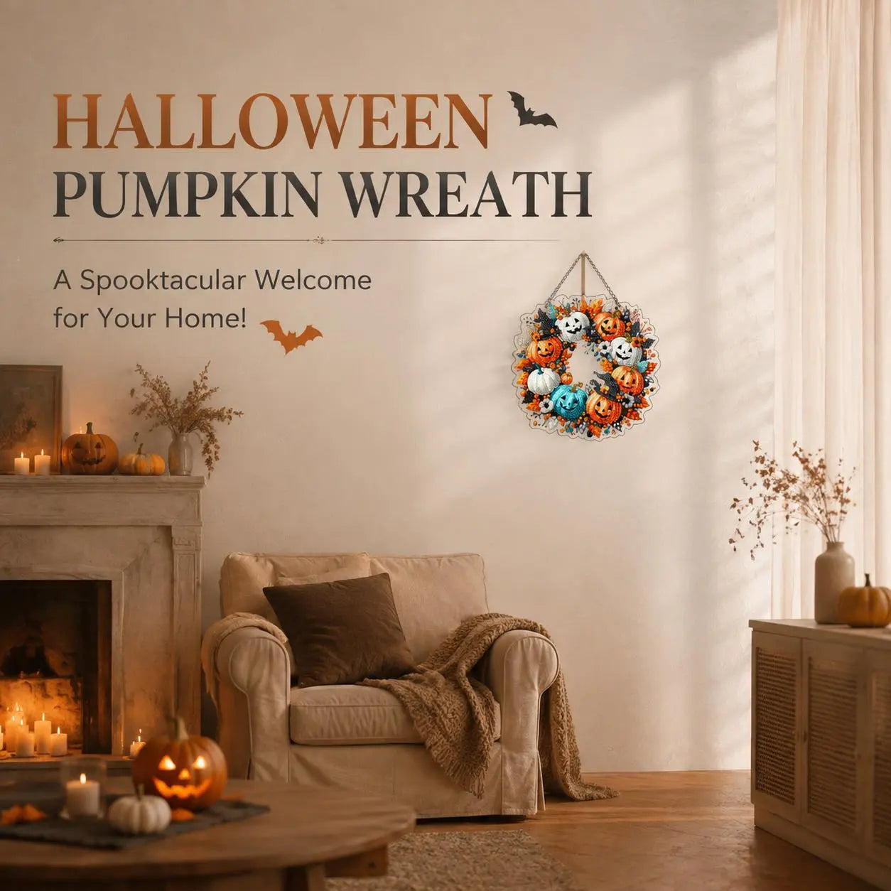 9.8In Halloween Diamond Painting Hanging Suncatcher Kit, Witch‑Black Cat‑Happy Halloween‑Ghost Reading‑Pumpkin Designs, Acrylic DIY Rhinestone Art Ornament, Home Decor Gift for Kids Adults