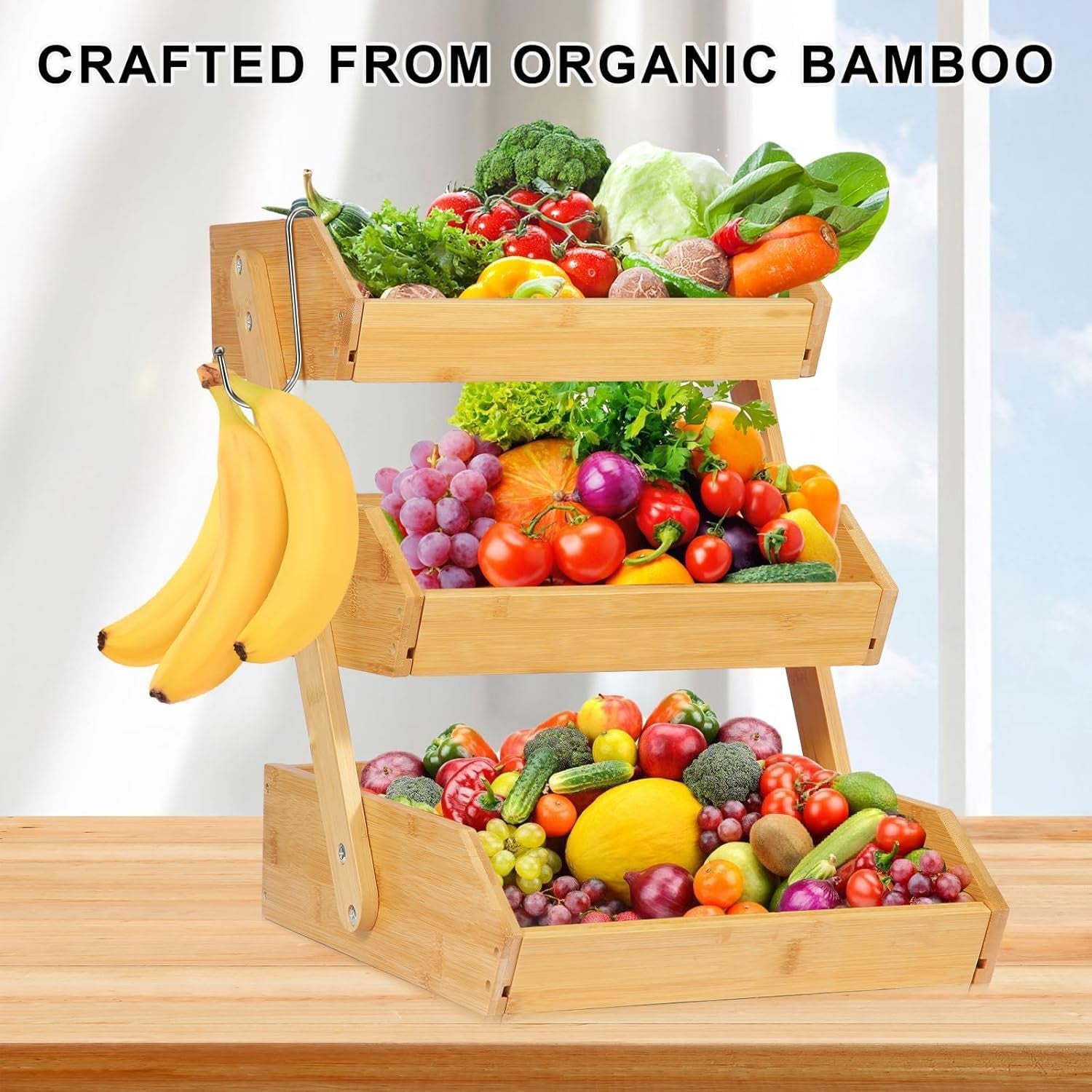 Natural Bamboo Fruit Basket 3 Tier for Kitchen Countertop Counter Top