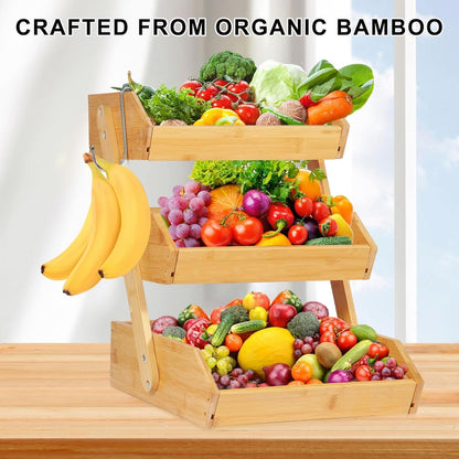 Natural Bamboo Fruit Basket 3 Tier for Kitchen Countertop Counter Top