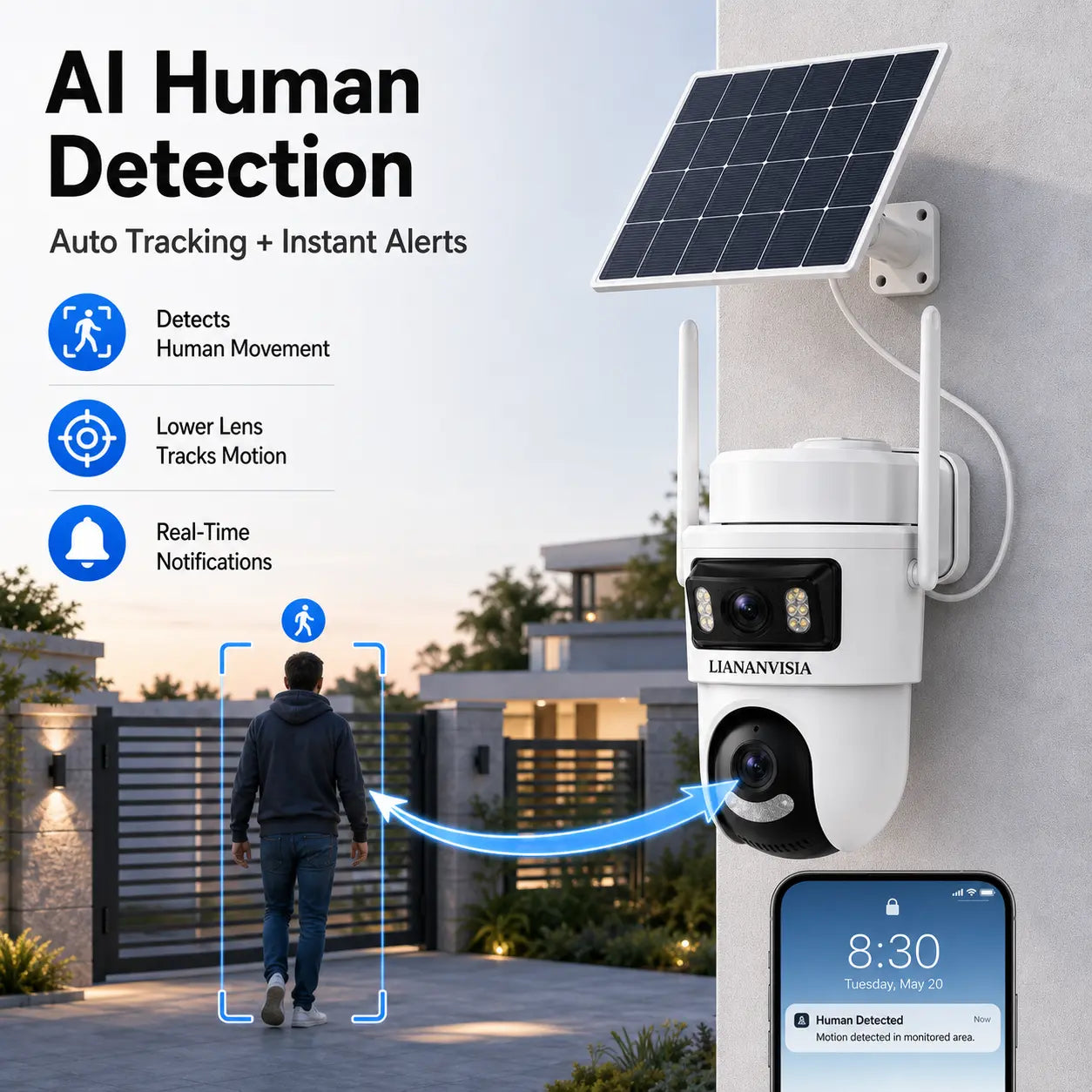 LIANANVISIA 4G LTE Cellular Security Camera - No Wifi, 4G Data Plan Required after 7-Day Free Trial, Built-In SIM Card, Solar-Powered Dual-Lens Outdoor System with Color Night Vision, 360° Pan-Tilt, Remote Viewing, 2-Way Speaker, Local Storage