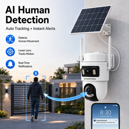 LIANANVISIA 4G LTE Cellular Security Camera - No Wifi, 4G Data Plan Required after 7-Day Free Trial, Built-In SIM Card, Solar-Powered Dual-Lens Outdoor System with Color Night Vision, 360° Pan-Tilt, Remote Viewing, 2-Way Speaker, Local Storage