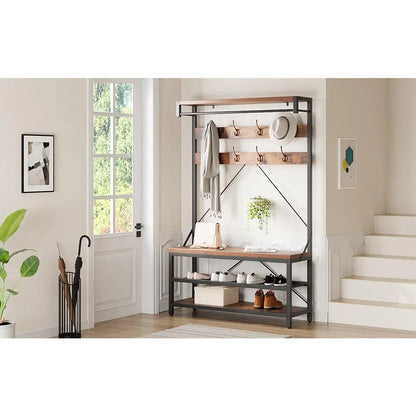 Industrial Hall Tree Coat Rack with Bench and 2-Tier Shoe Storage – 8 Hooks, Hanging Bar, Top Shelf – Metal Frame Wood Accent Entryway Organizer for Hallway, Mudroom, Bedroom, 39.9"X15.7"X72"