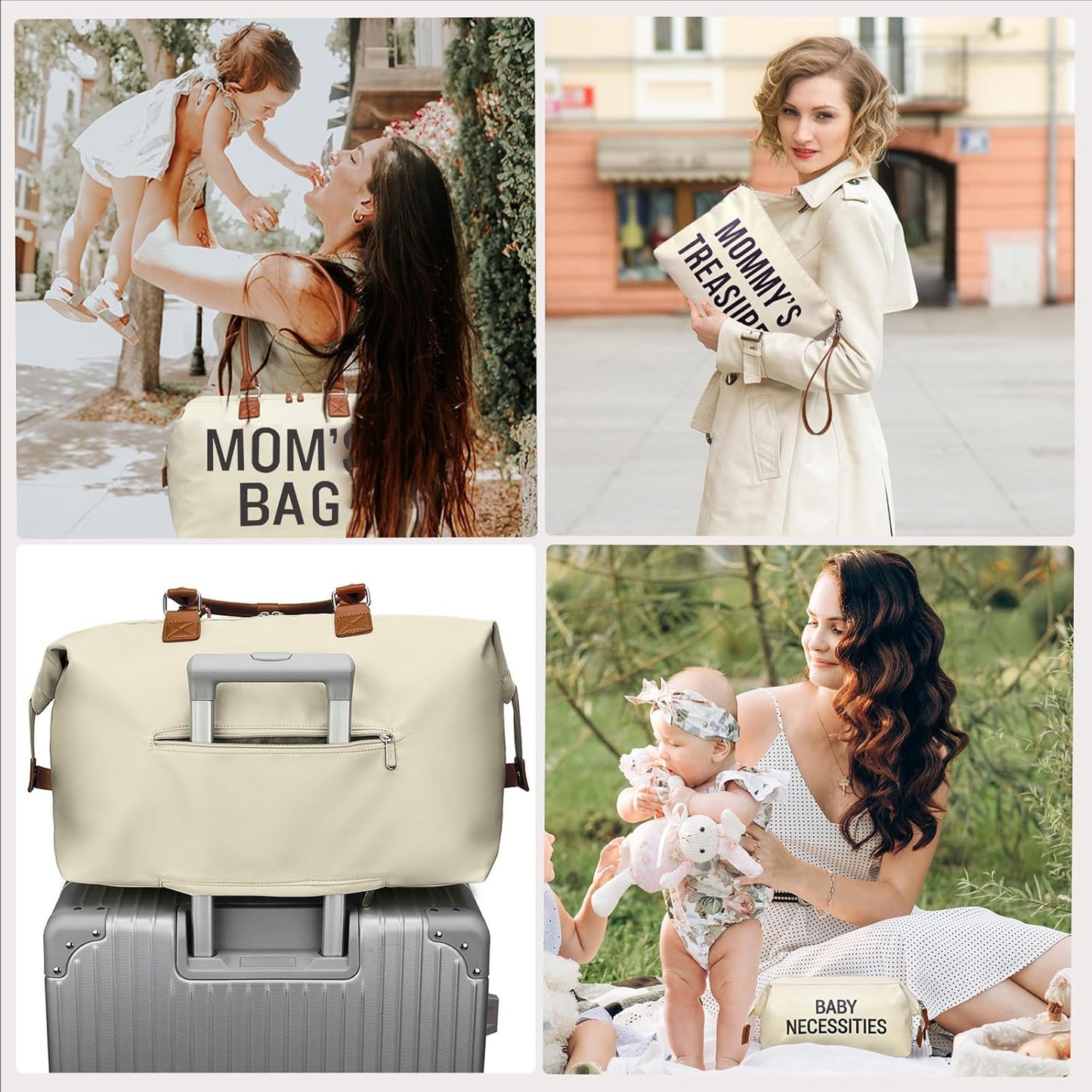 Mommy Diaper Bag Tote with 2 Organizer Pouches, Spacious 17.7In Mom’S Bag for Hospital and Weekender Travel, Creamy White