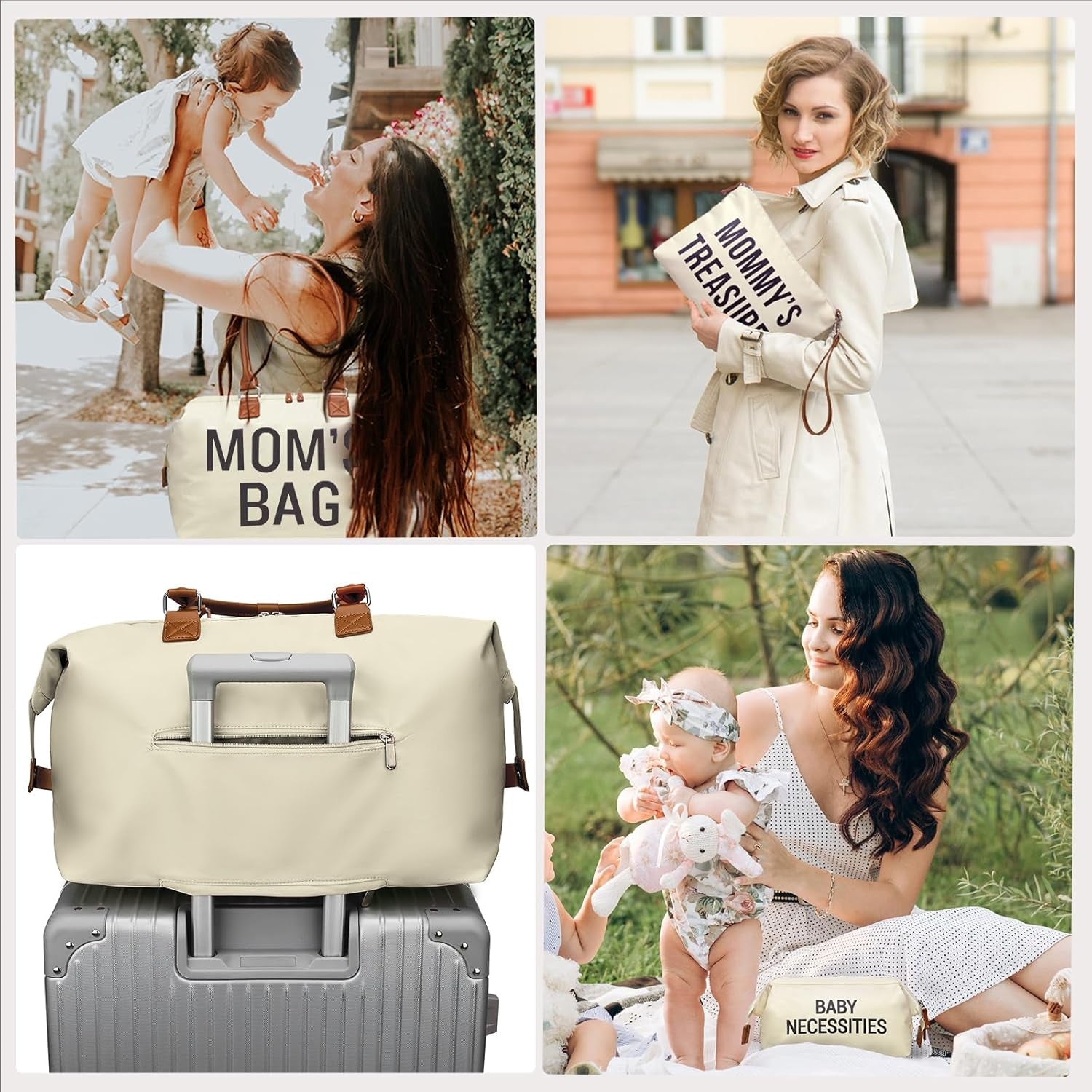 Mommy Diaper Bag Tote with 2 Organizer Pouches, Spacious 17.7In Mom’S Bag for Hospital and Weekender Travel, Creamy White