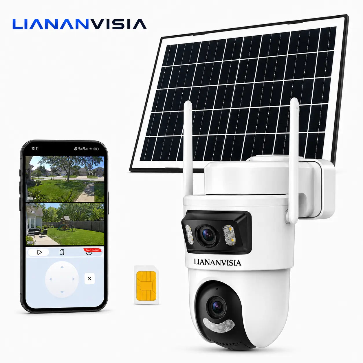 LIANANVISIA 4G LTE Cellular Security Camera - No Wifi, 4G Data Plan Required after 7-Day Free Trial, Built-In SIM Card, Solar-Powered Dual-Lens Outdoor System with Color Night Vision, 360° Pan-Tilt, Remote Viewing, 2-Way Speaker, Local Storage
