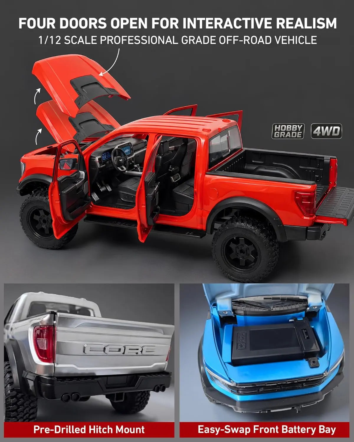 1/12 Scale 4WD Off-Road RC Crawler Truck - Hobby Grade RTR Battery-Powered Remote Control Car for Adults, 2-Speed Transmission, LED Lighting, Metal Gears, High-Torque 380 Motor, Charging Function, Detailed Hood, Opening Doors, Realistic Hard-Body, Led Lig