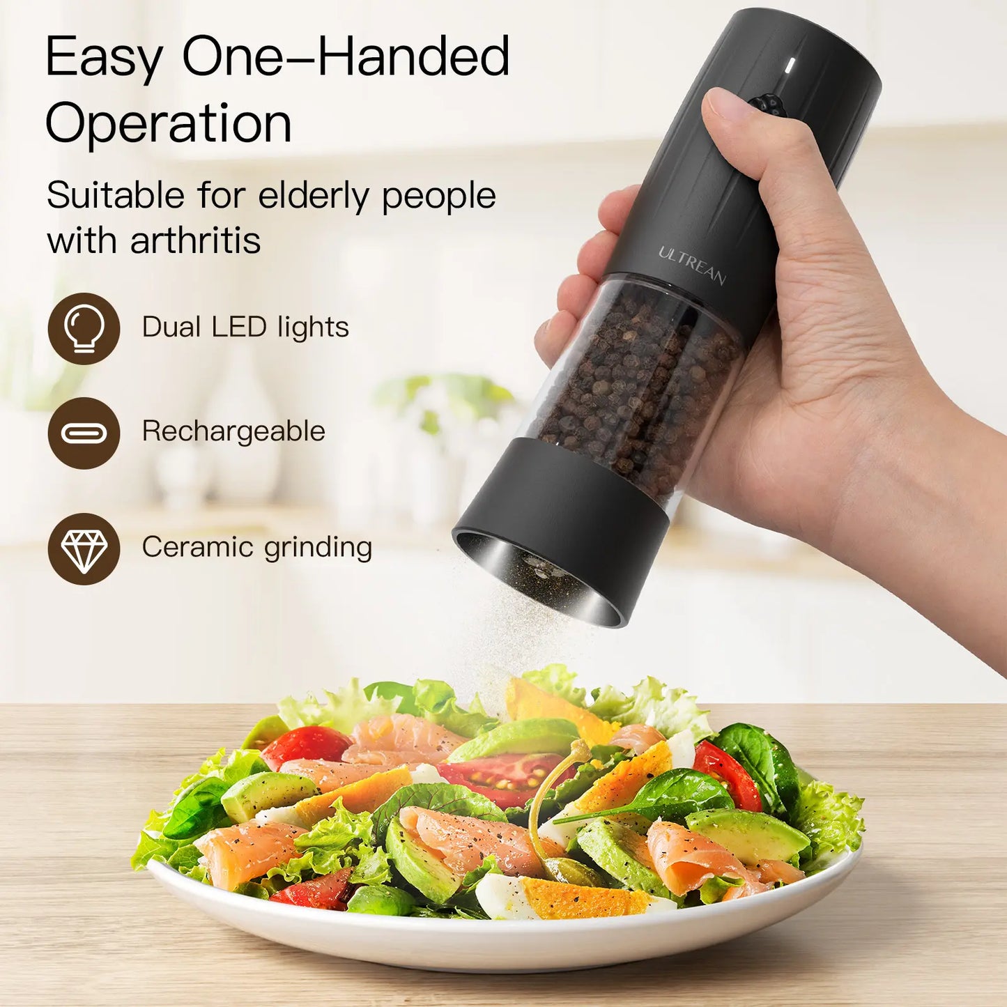 Ultrean Rechargeable Electric Salt and Pepper Grinder Set - Modern Cylindrical ABS Plastic Seasoning Utensils with 6 Adjustable Coarseness, Coarse Control, LED Light, Sky Blue Kitchen Gadget, Housewarming Gift