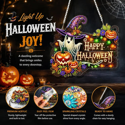 9.8In Halloween Diamond Painting Hanging Suncatcher Kit, Witch‑Black Cat‑Happy Halloween‑Ghost Reading‑Pumpkin Designs, Acrylic DIY Rhinestone Art Ornament, Home Decor Gift for Kids Adults