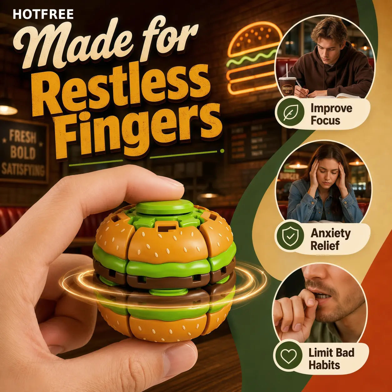 Hotfree Hamburger Transformable Fidget Ball Toy with Press & Spin Function, Handheld Sensory Fidget Gyro Toy, Pocket Stress Relief Tool, Anxiety Calming Fidget Spinner, Focus Aid for ADHD, Desk Fidget Gadget for Adults & Teens
