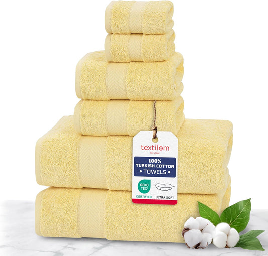 100% Turkish Cotton 6 Pcs Bath Towel Set, Luxury Bath Towels for Bathroom, Soft & Absorbent Bathroom Towels Set (2 Bathtowels, 2 Hand Towels, 2 Washcloths)- Yellow
