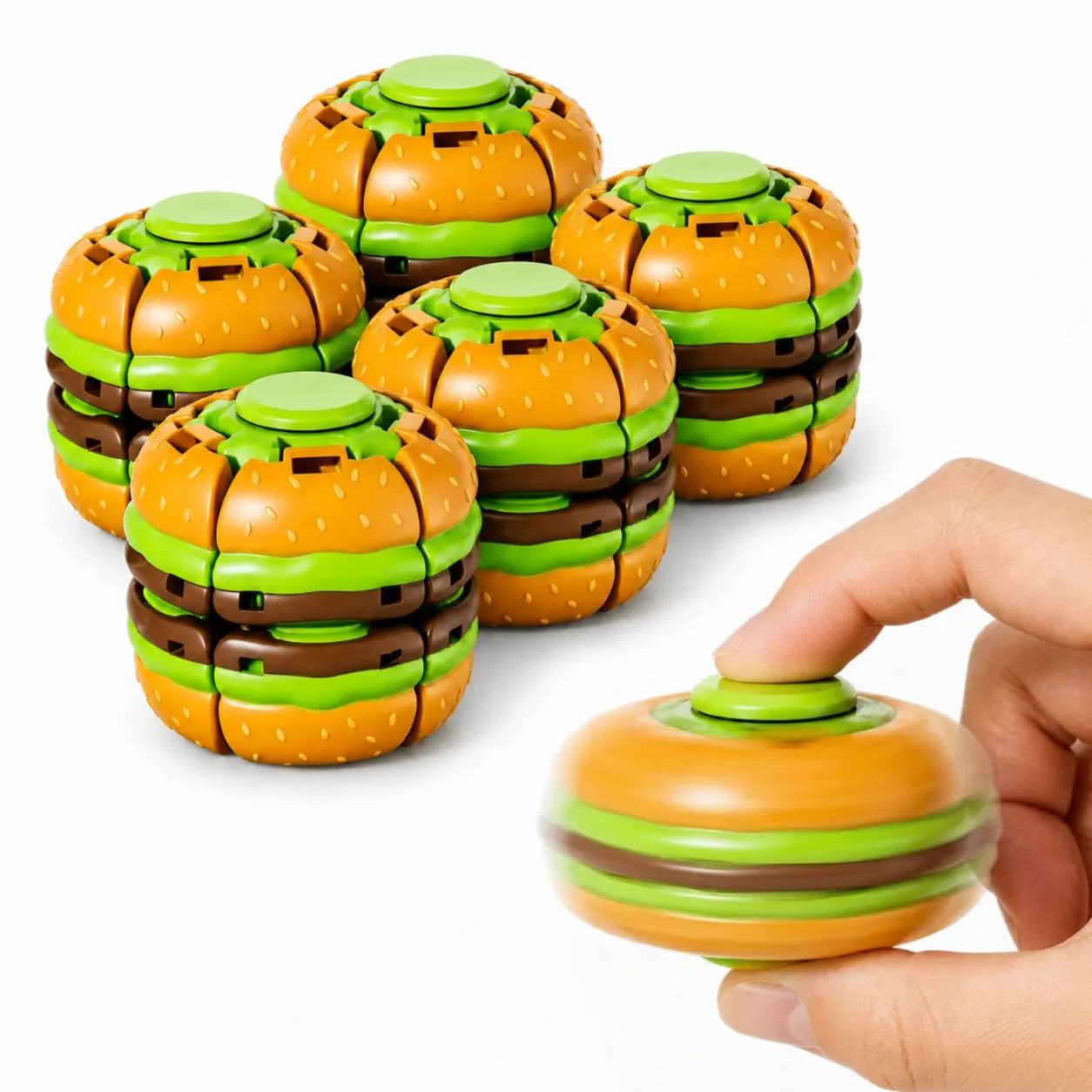 Hotfree Hamburger Transformable Fidget Ball Toy with Press & Spin Function, Handheld Sensory Fidget Gyro Toy, Pocket Stress Relief Tool, Anxiety Calming Fidget Spinner, Focus Aid for ADHD, Desk Fidget Gadget for Adults & Teens