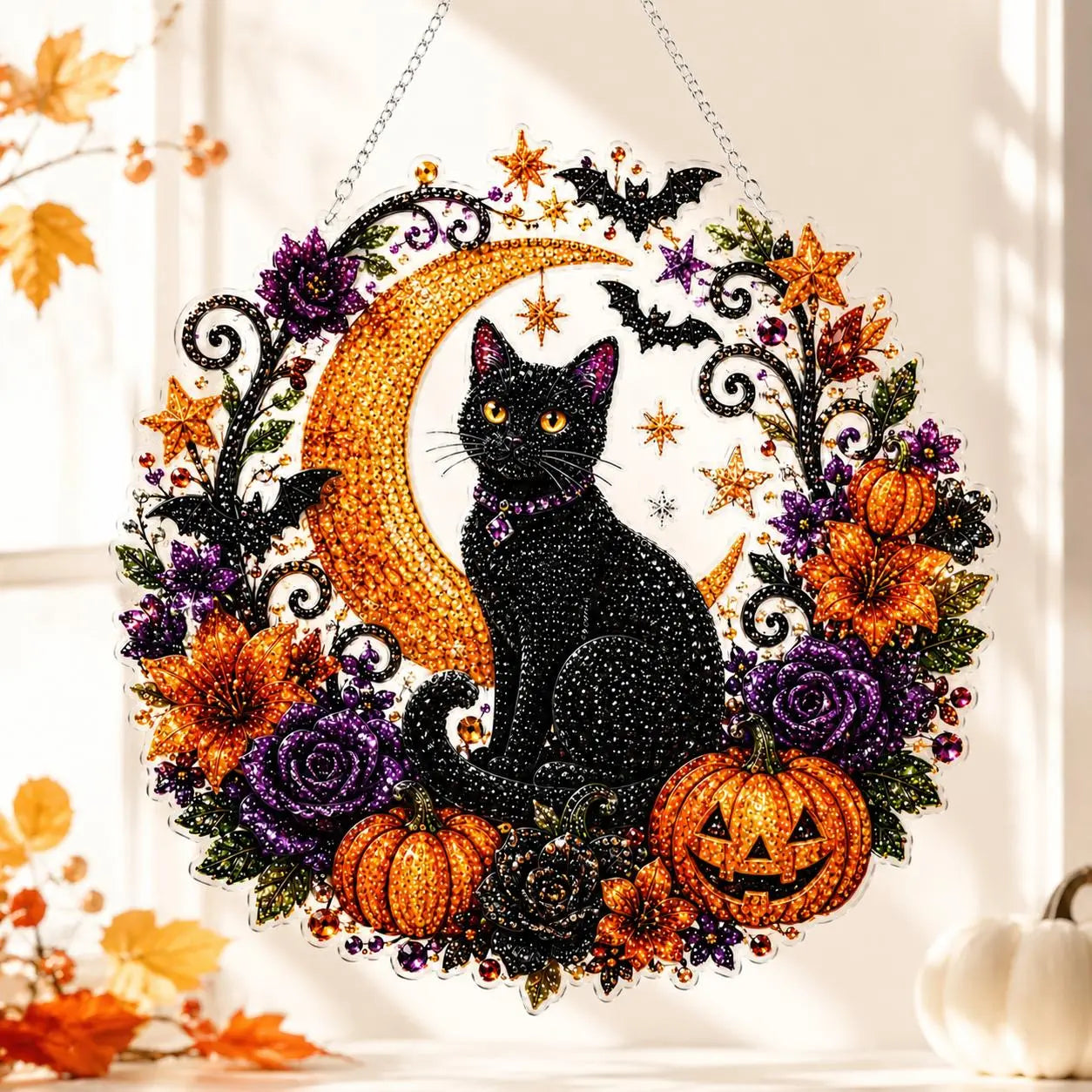 9.8In Halloween Diamond Painting Hanging Suncatcher Kit, Witch‑Black Cat‑Happy Halloween‑Ghost Reading‑Pumpkin Designs, Acrylic DIY Rhinestone Art Ornament, Home Decor Gift for Kids Adults