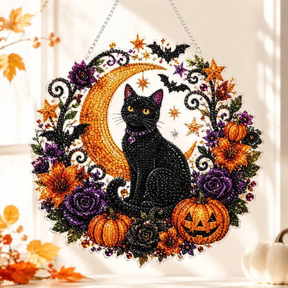 9.8In Halloween Diamond Painting Hanging Suncatcher Kit, Witch‑Black Cat‑Happy Halloween‑Ghost Reading‑Pumpkin Designs, Acrylic DIY Rhinestone Art Ornament, Home Decor Gift for Kids Adults