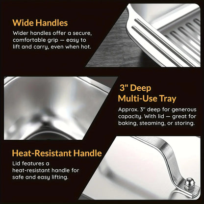 Stainless Steel Durable Bakeware Set - 4Pc Extra Large Nonstick Thick-Bottomed Rectangular Oven-Safe Cake Tins with Lids, Grill-To-Serve for Desserts, Grilling, Mother’S Day Gift