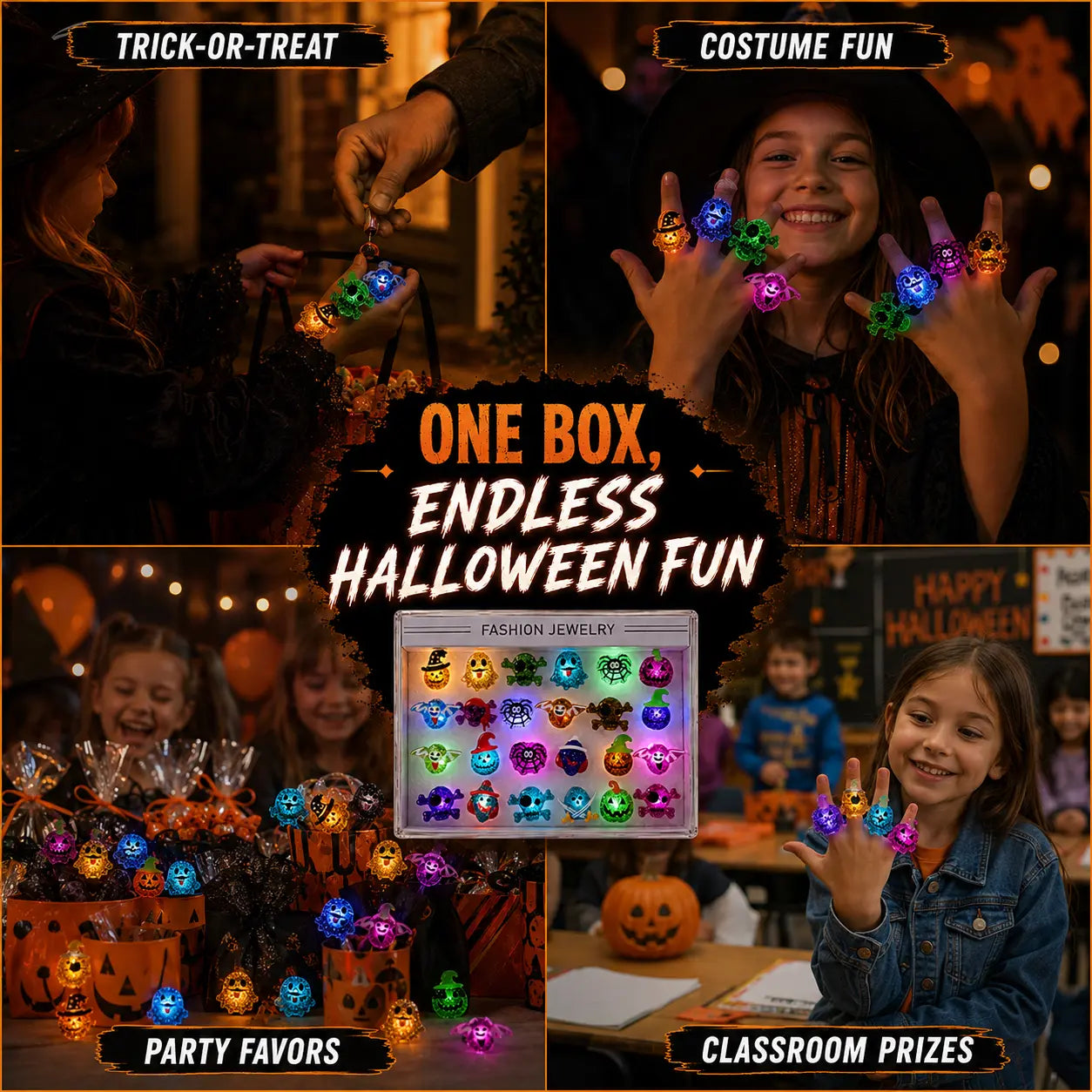 2026 New Spooky Halloween LED Light-Up Flashing Rings (24PCS Assorted), Trick-Or-Treat Gifts, Party Favors & Goodie Bag Prizes