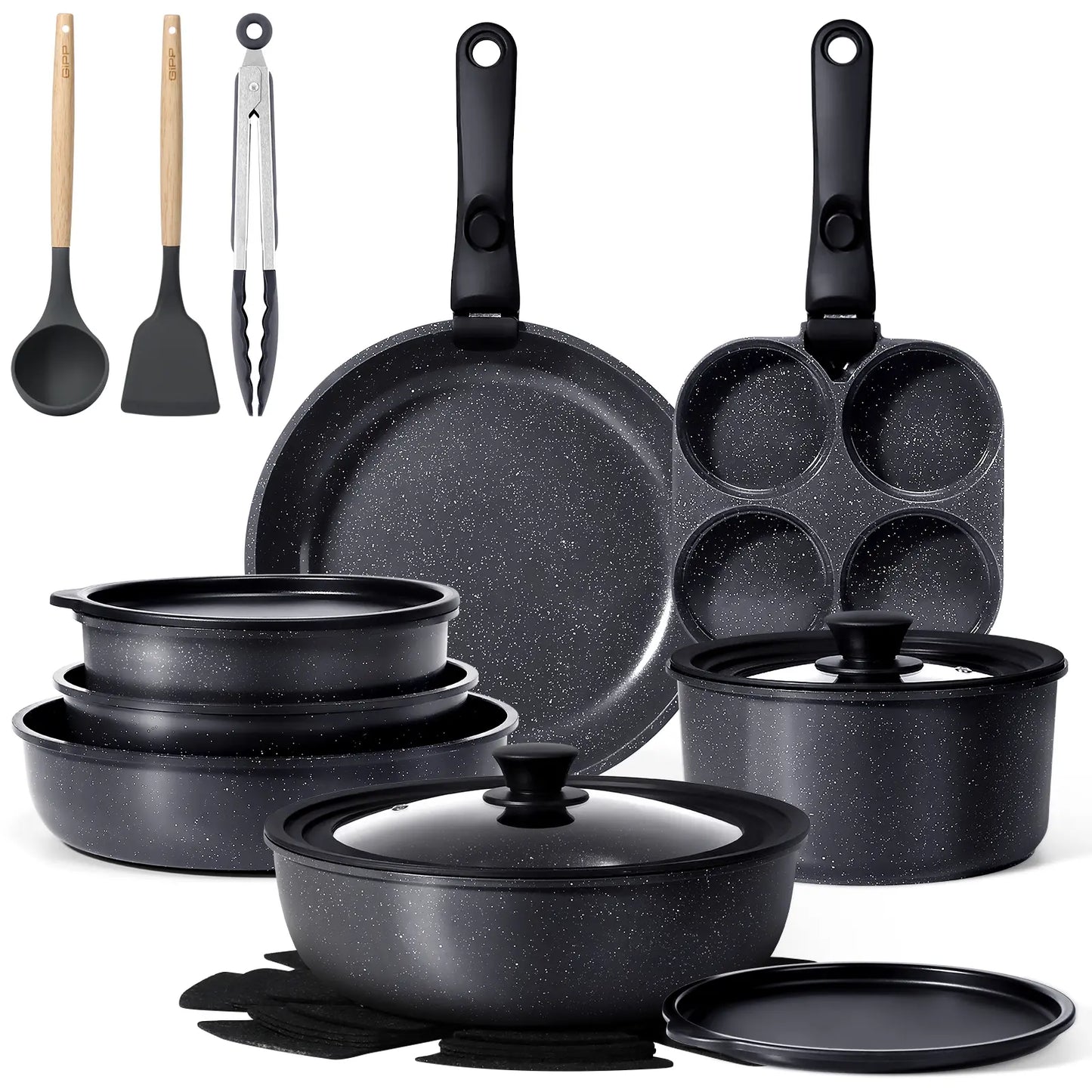 Gipp Non-Stick Cookware Set (5/11/21-Piece) with Detachable Handle, Frying Pan, Saucepan, Lid, Silicone Details, Induction Compatible, Oven Safe for RV Kitchen Use