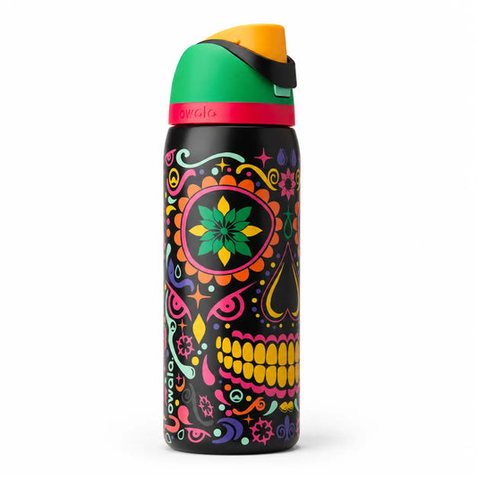 Owala Freesip 32Oz Large Size Vintage Art Print Vacuum-Insulated Stainless Steel Water Bottle - Leak-Proof Straw Cap, Portable Reusable Travel Mug, Black with Colorful Sugar Skull Print for School, Gym-To-Office Cold Drinks (Home Supplies Storage Bottle)