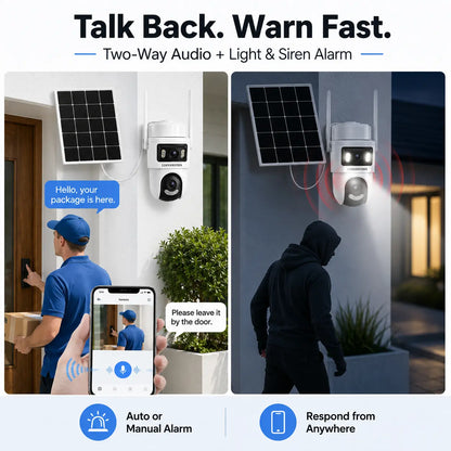 LIANANVISIA 4G LTE Cellular Security Camera - No Wifi, 4G Data Plan Required after 7-Day Free Trial, Built-In SIM Card, Solar-Powered Dual-Lens Outdoor System with Color Night Vision, 360° Pan-Tilt, Remote Viewing, 2-Way Speaker, Local Storage