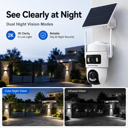 LIANANVISIA 4G LTE Cellular Security Camera - No Wifi, 4G Data Plan Required after 7-Day Free Trial, Built-In SIM Card, Solar-Powered Dual-Lens Outdoor System with Color Night Vision, 360° Pan-Tilt, Remote Viewing, 2-Way Speaker, Local Storage