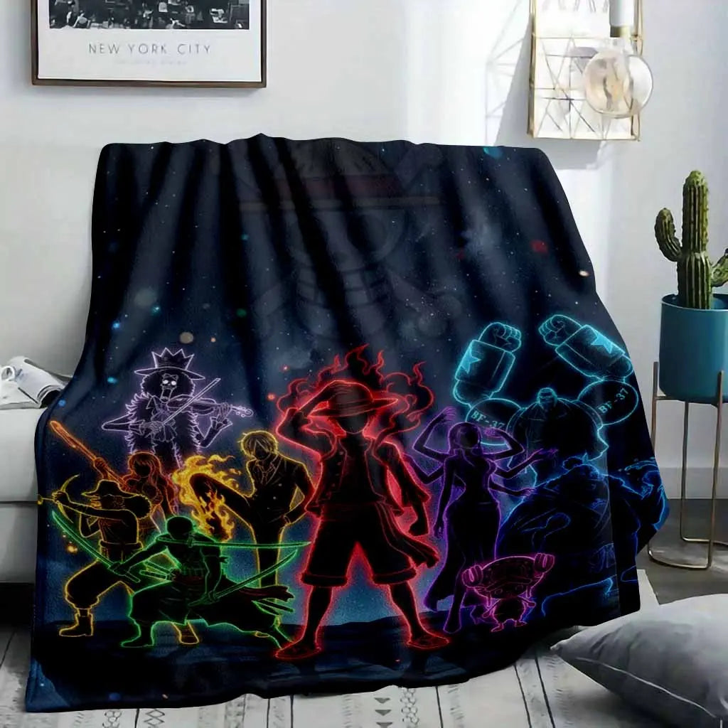 One-Piece Neon Silhouette Flannel Blanket Straw Hat Crew Anime Art Print Soft Cozy Warm Lightweight Plush Throw for Sofa Bed Gaming Room Otaku Fan Gift