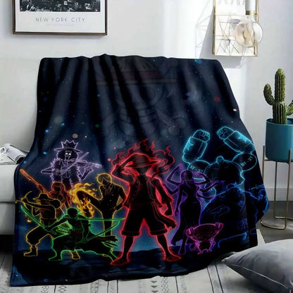 One-Piece Neon Silhouette Flannel Blanket Straw Hat Crew Anime Art Print Soft Cozy Warm Lightweight Plush Throw for Sofa Bed Gaming Room Otaku Fan Gift