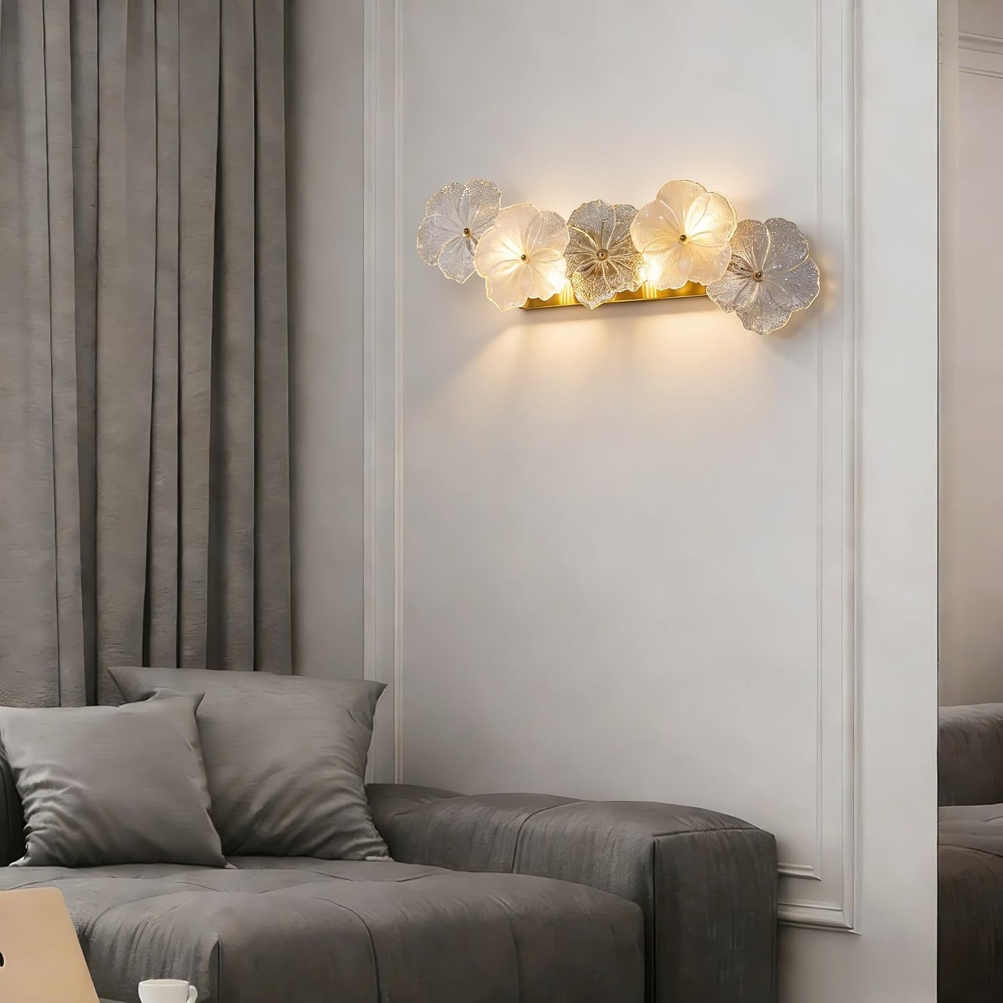 22.4" Flower Shape Glass Wall Lamp, Gold Base Floral Sconce Fixture Prism Wall Sconces with LED Light, Modern Vintage Rustic Lighting Fixture for Bedroom Hallway Bedside Hotel