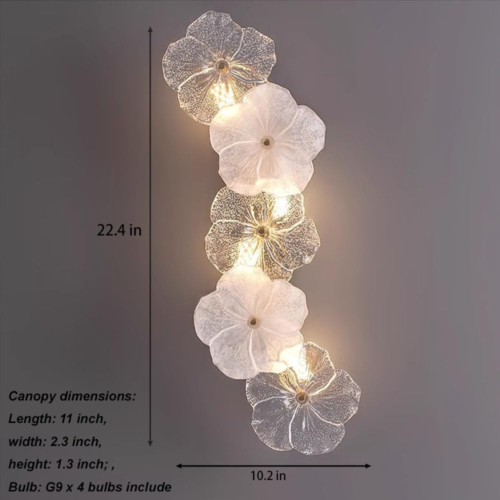 22.4" Flower Shape Glass Wall Lamp, Gold Base Floral Sconce Fixture Prism Wall Sconces with LED Light, Modern Vintage Rustic Lighting Fixture for Bedroom Hallway Bedside Hotel