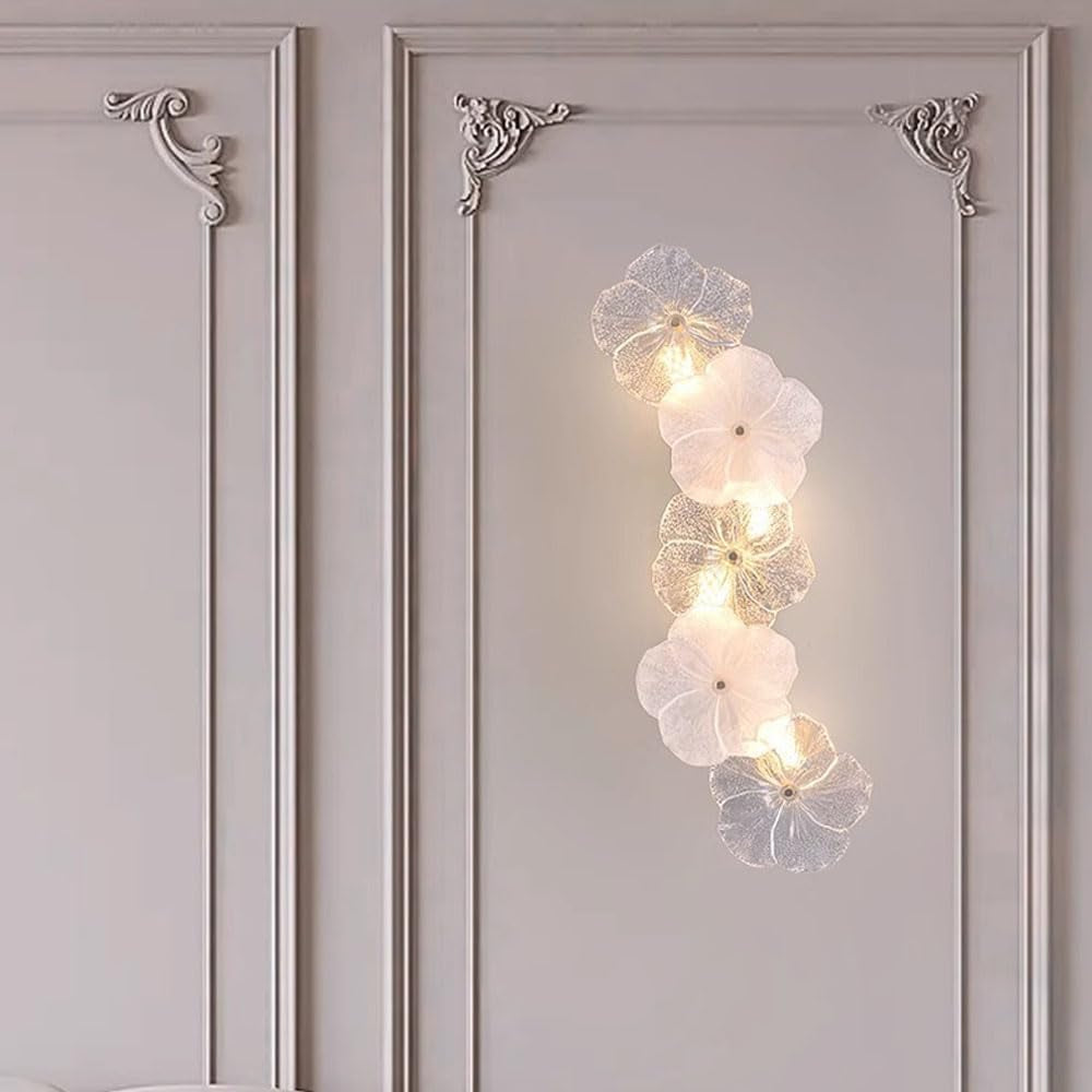 22.4" Flower Shape Glass Wall Lamp, Gold Base Floral Sconce Fixture Prism Wall Sconces with LED Light, Modern Vintage Rustic Lighting Fixture for Bedroom Hallway Bedside Hotel