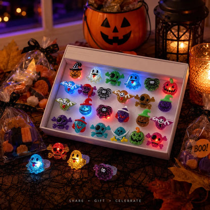 2026 New Spooky Halloween LED Light-Up Flashing Rings (24PCS Assorted), Trick-Or-Treat Gifts, Party Favors & Goodie Bag Prizes
