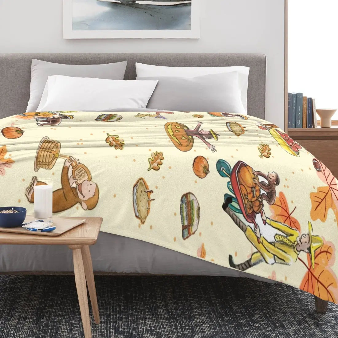 Classic Curious George Fall Harvest Flannel Throw Blanket, Pumpkin-Maple Leaf Cartoon Print, Soft Cozy Sofa Bed Cover, Ideal Thanksgiving Gift for Kids, Multi-Size