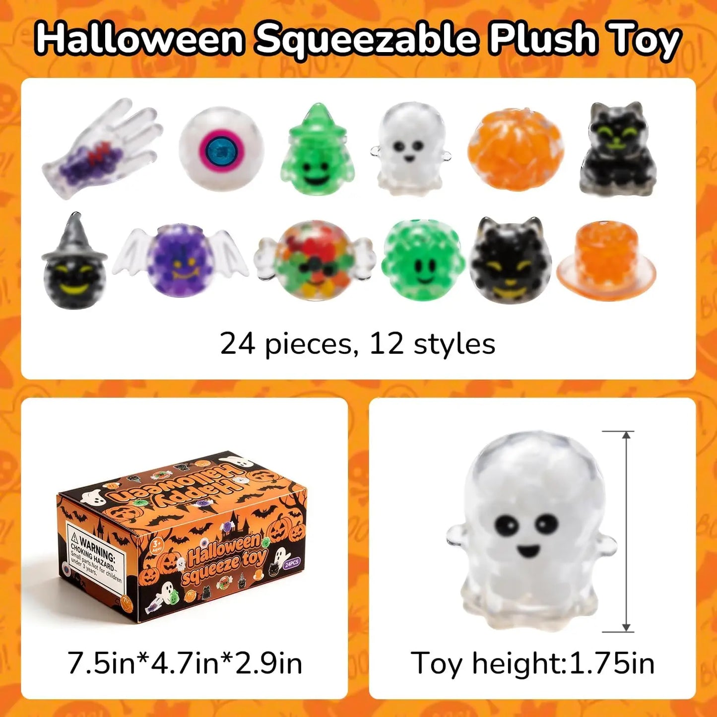 24 Pack Halloween Squishy Toys for Kids, Kawaii Mini Stress Balls, Soft Sensory Fidget Squeeze Toys, Bulk Party Favors, Trick-Or-Treat Goodie Bag Fillers, Halloween Decorations & Gifts