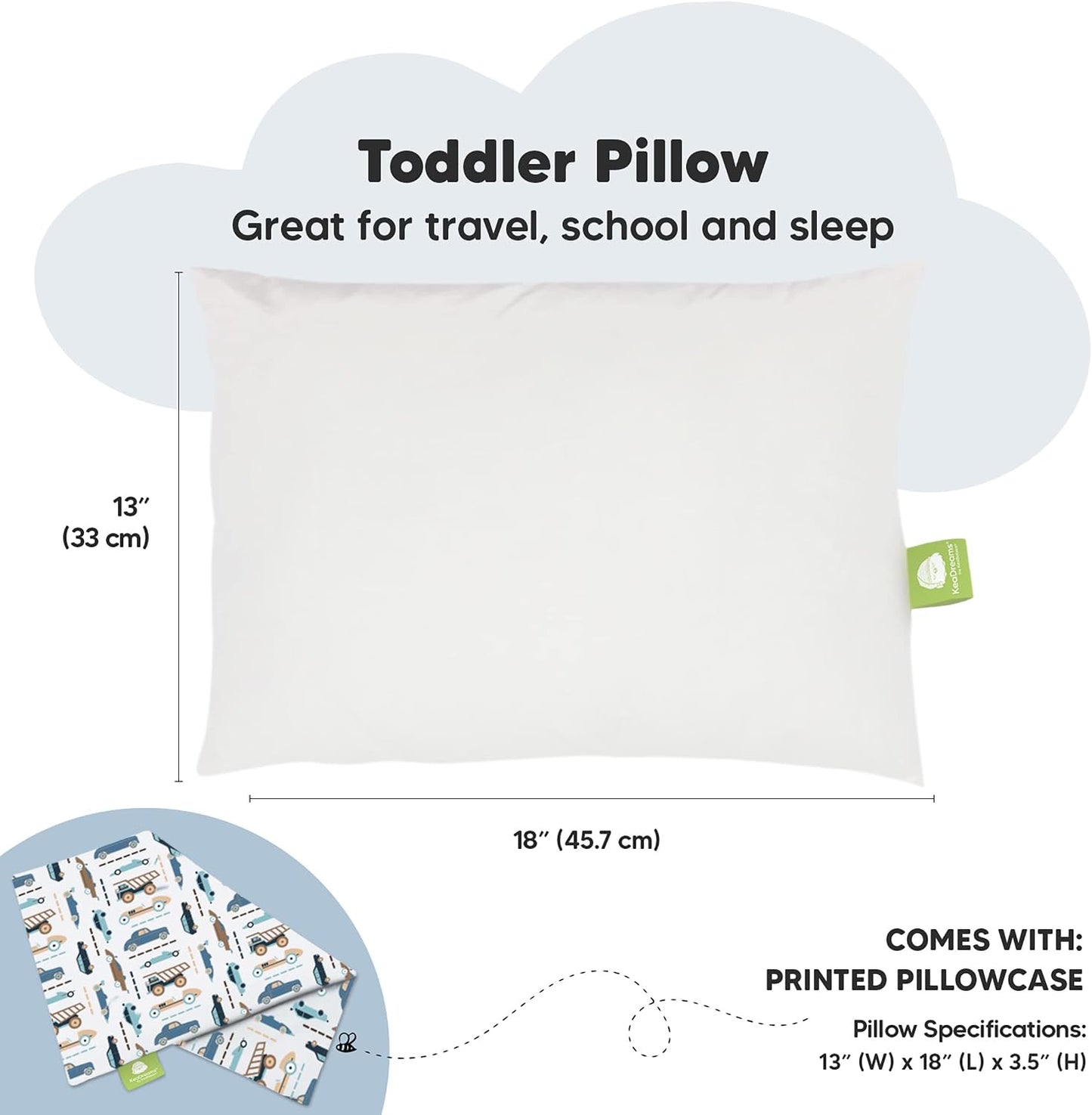 Toddler Pillow with Pillowcase, 13X18 My Little Dreamy Pillow (Vroom)
