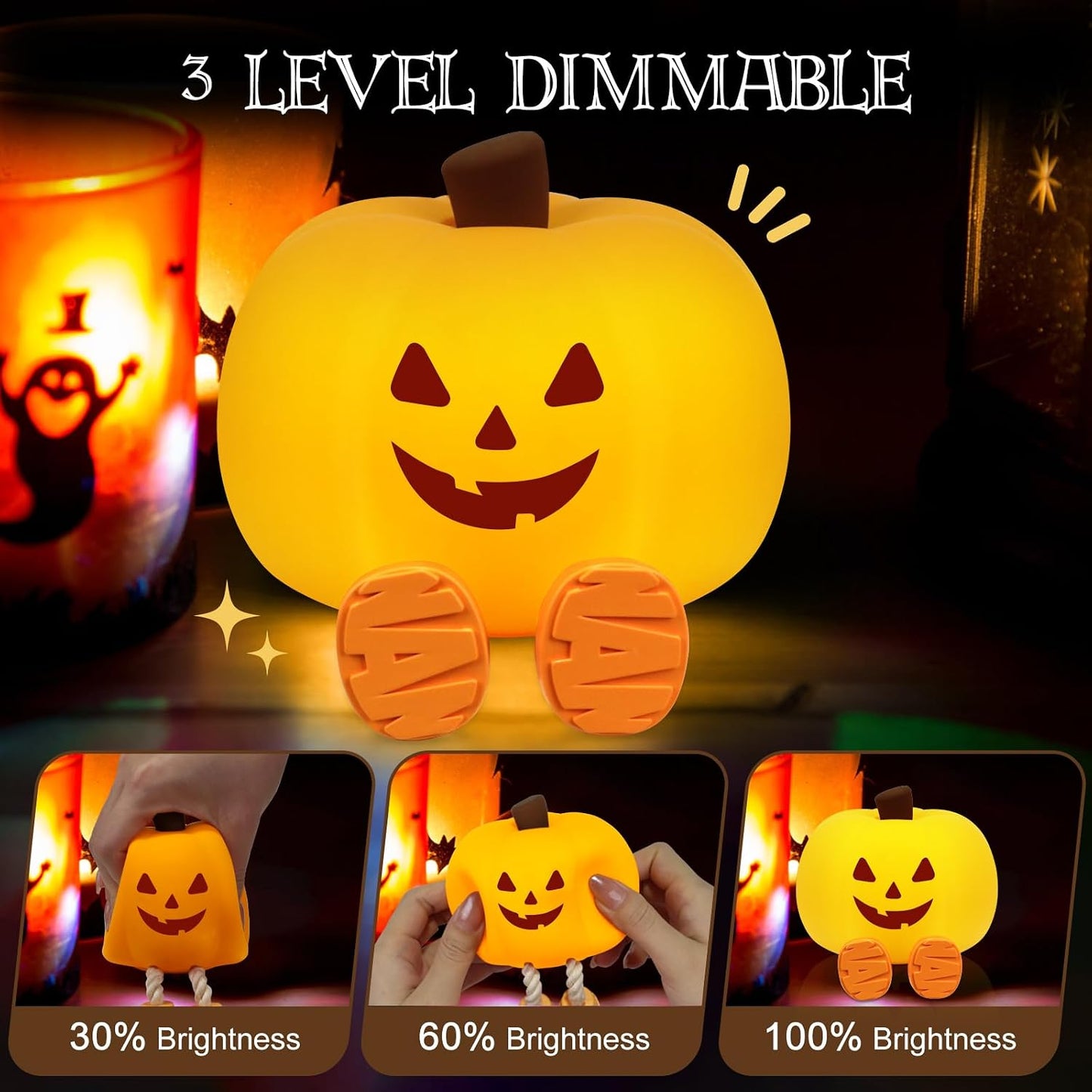 Cute Halloween Pumpkin Night Light Rechargeable for Nursery Bedroom