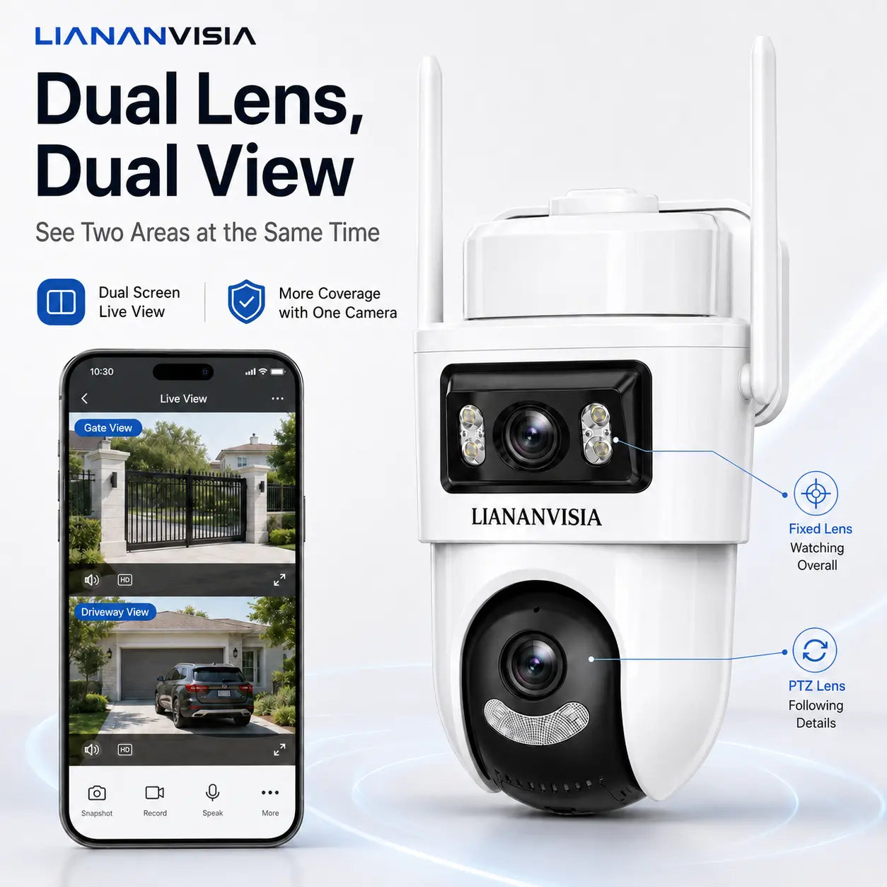 LIANANVISIA 4G LTE Cellular Security Camera - No Wifi, 4G Data Plan Required after 7-Day Free Trial, Built-In SIM Card, Solar-Powered Dual-Lens Outdoor System with Color Night Vision, 360° Pan-Tilt, Remote Viewing, 2-Way Speaker, Local Storage