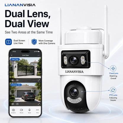 LIANANVISIA 4G LTE Cellular Security Camera - No Wifi, 4G Data Plan Required after 7-Day Free Trial, Built-In SIM Card, Solar-Powered Dual-Lens Outdoor System with Color Night Vision, 360° Pan-Tilt, Remote Viewing, 2-Way Speaker, Local Storage