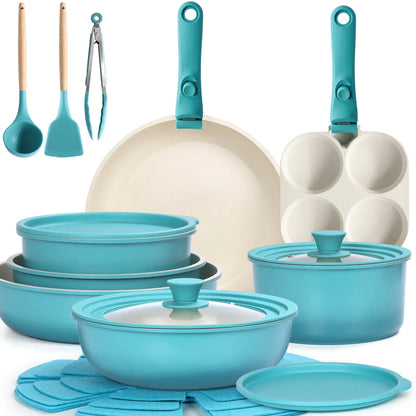 Gipp Non-Stick Cookware Set (5/11/21-Piece) with Detachable Handle, Frying Pan, Saucepan, Lid, Silicone Details, Induction Compatible, Oven Safe for RV Kitchen Use