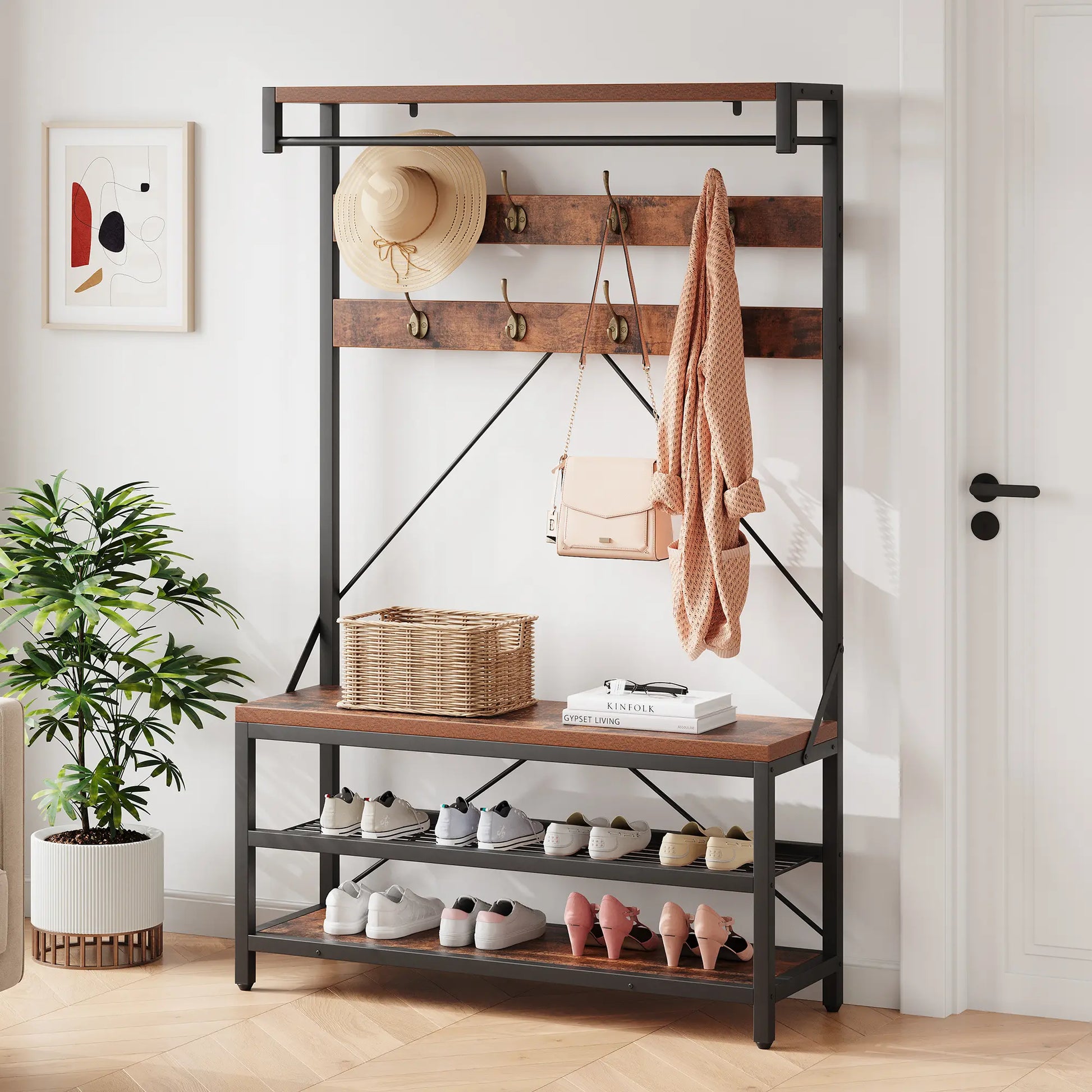 Industrial Hall Tree Coat Rack with Bench and 2-Tier Shoe Storage – 8 Hooks, Hanging Bar, Top Shelf – Metal Frame Wood Accent Entryway Organizer for Hallway, Mudroom, Bedroom, 39.9"X15.7"X72"