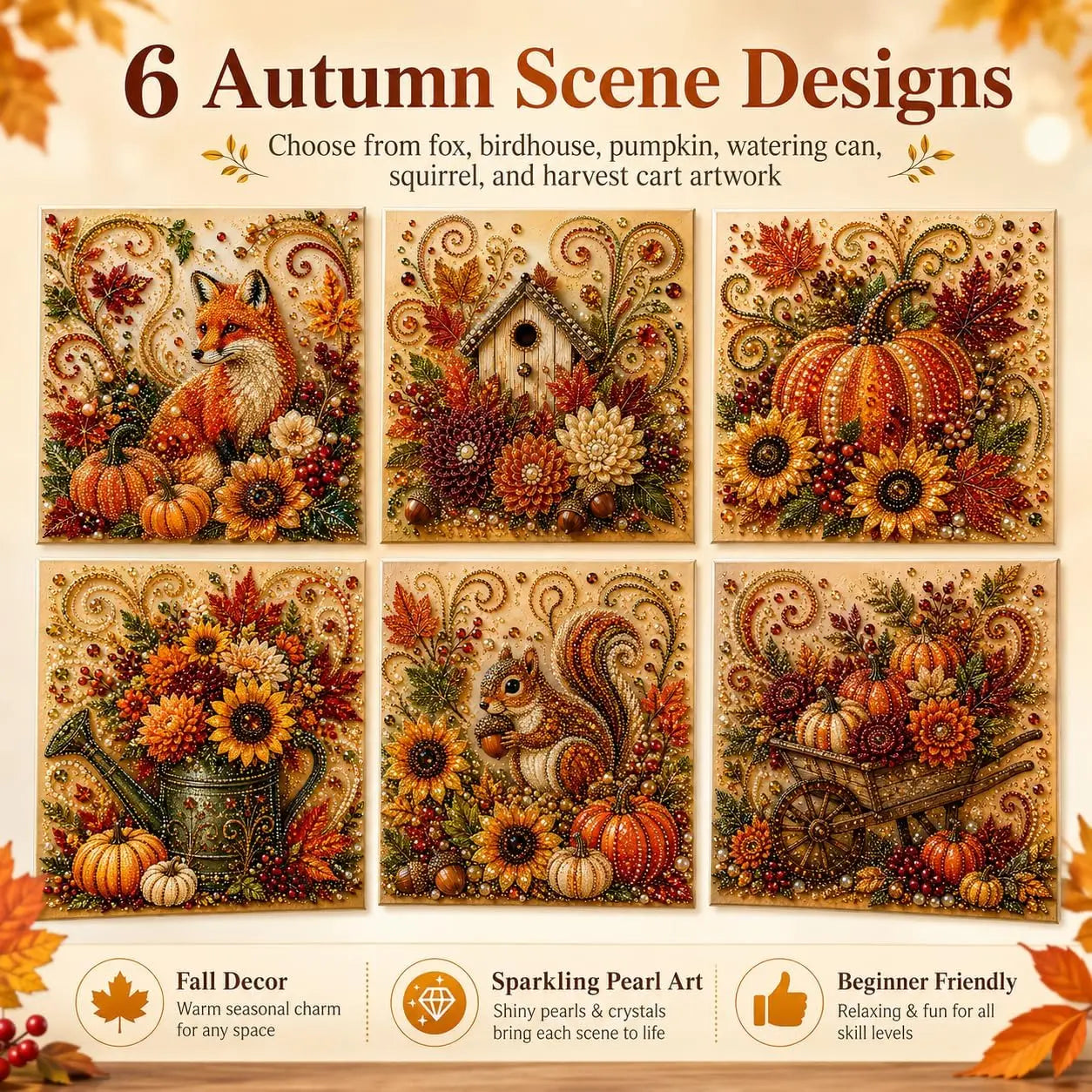 Autumn Pearl Painting Kit - Pearl Art Diy Kits for Adults Autumn (Pumpkin) | 12 * 12-Inch Beginner-Friendly Crafting with Selected Fall Scenes, a Relaxing DIY Project for Sparkling Autumn Artwork