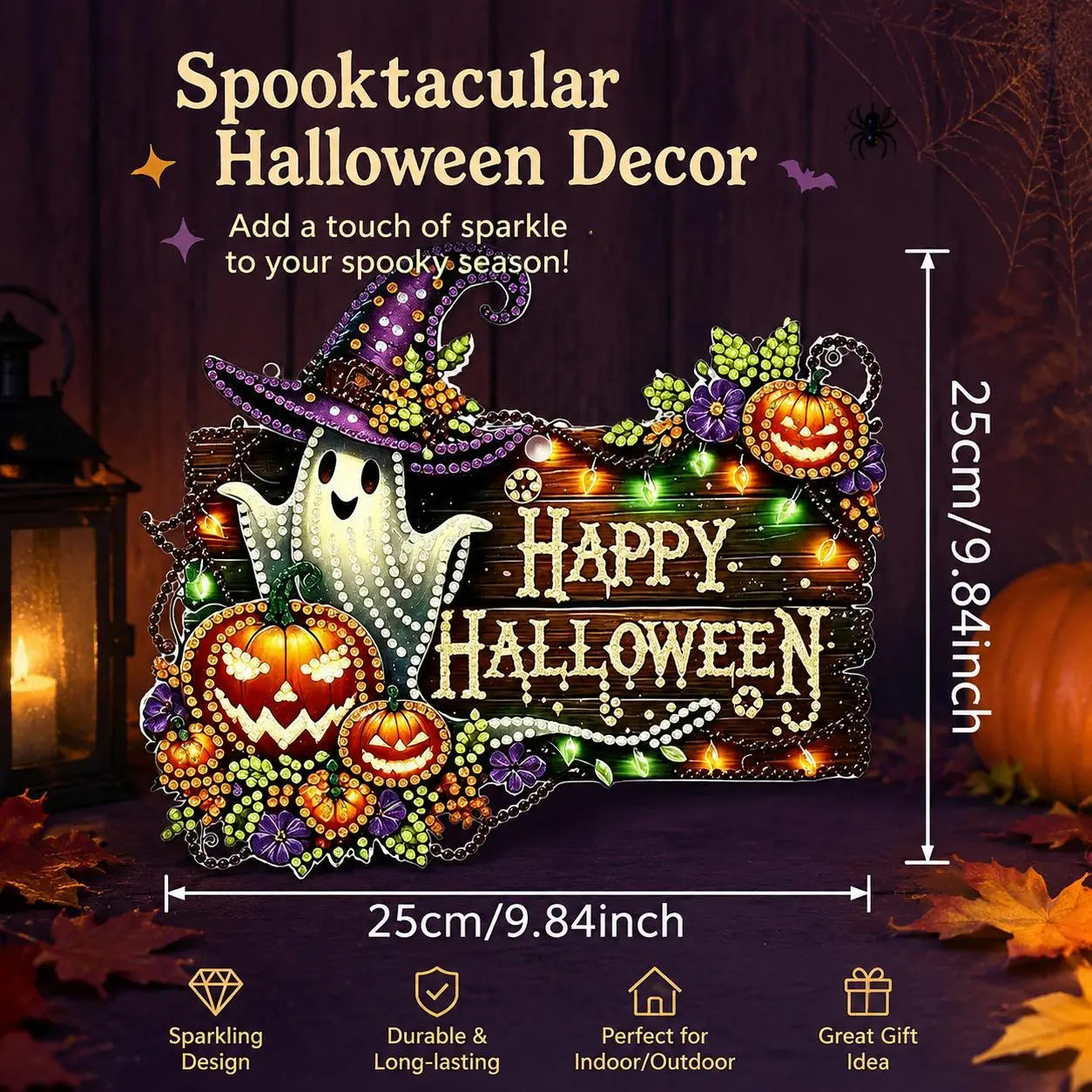 9.8In Halloween Diamond Painting Hanging Suncatcher Kit, Witch‑Black Cat‑Happy Halloween‑Ghost Reading‑Pumpkin Designs, Acrylic DIY Rhinestone Art Ornament, Home Decor Gift for Kids Adults