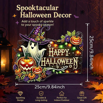 9.8In Halloween Diamond Painting Hanging Suncatcher Kit, Witch‑Black Cat‑Happy Halloween‑Ghost Reading‑Pumpkin Designs, Acrylic DIY Rhinestone Art Ornament, Home Decor Gift for Kids Adults