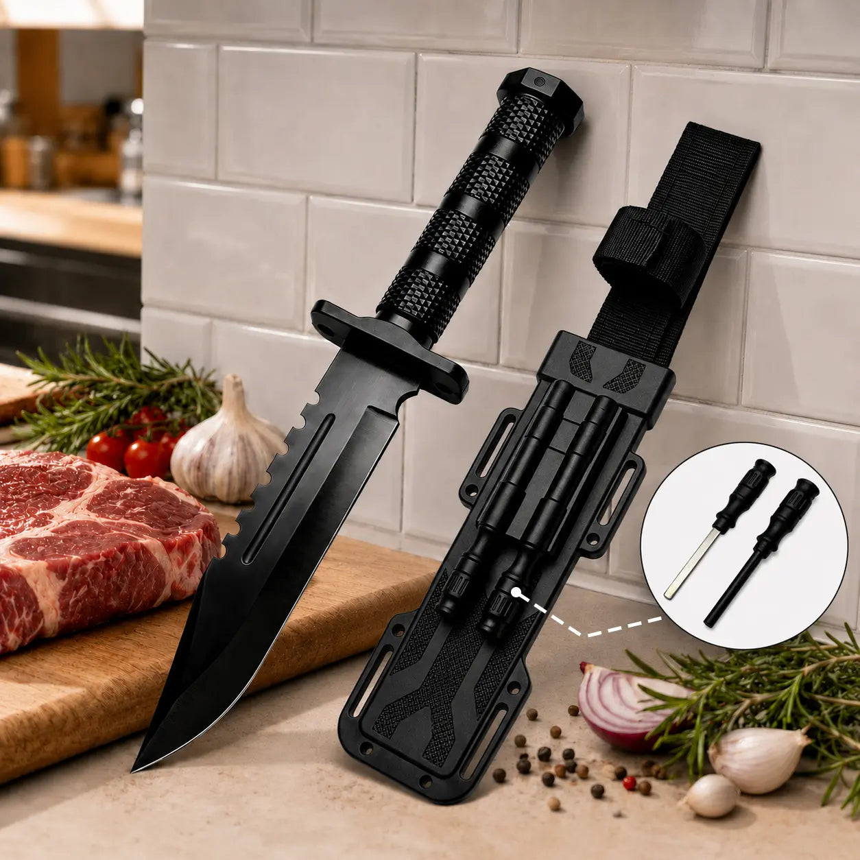 Home Cooking Prep Knife - Matte Black Blade, Textured Handle, Protective Sheath, Built-In Accessory Storage - Kitchen Knives for Ingredient Preparation, Father’S Day, Birthdays, Housewarmings Gifts, Bbq Prep