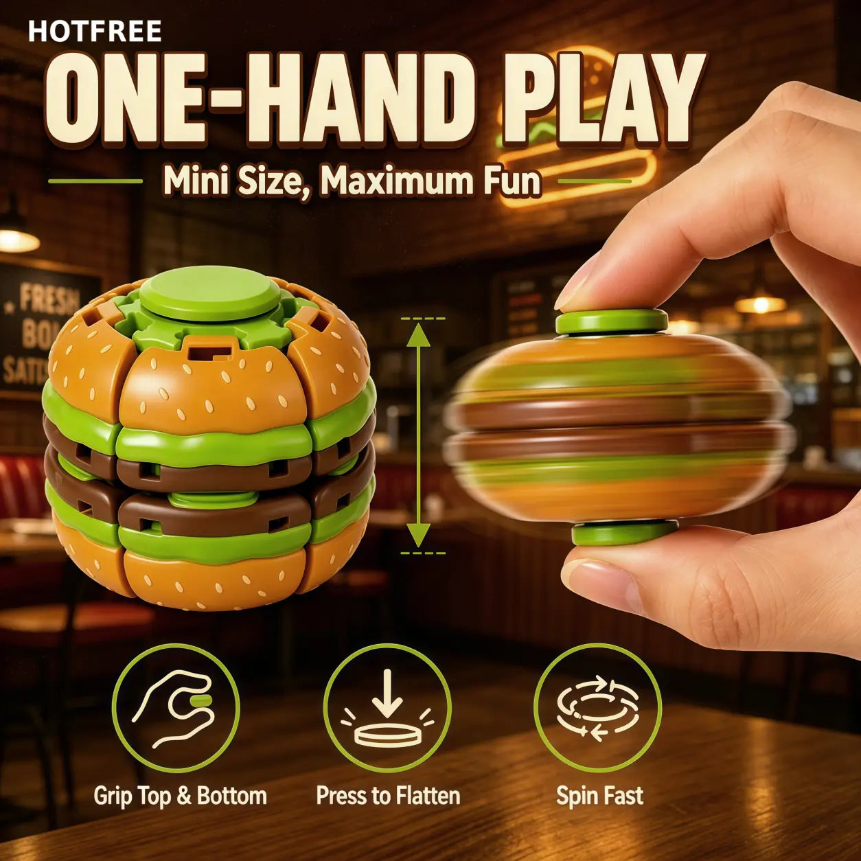 Hotfree Hamburger Transformable Fidget Ball Toy with Press & Spin Function, Handheld Sensory Fidget Gyro Toy, Pocket Stress Relief Tool, Anxiety Calming Fidget Spinner, Focus Aid for ADHD, Desk Fidget Gadget for Adults & Teens