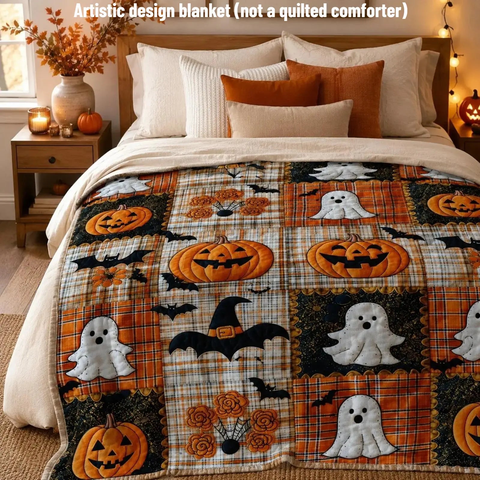 Countdown Sale Halloween Pumpkin Ghost Bat Plaid Patchwork Flannel Blanket Kids and Adults AC Blanket Soft Warm Cozy Throw Blanket Lightweight Sofa Bed Couch Bedroom Living Room Fall Autumn Home Decor Gift Viral Halloween Blanket